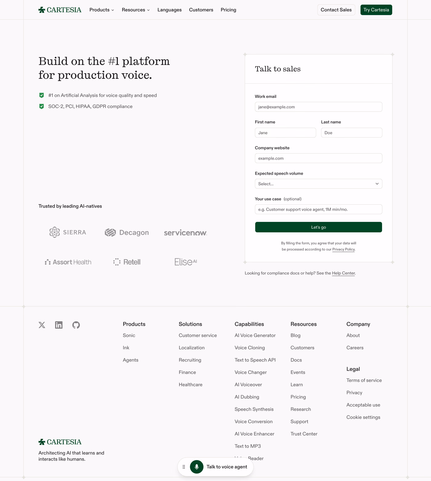 Cartesia Sonic-3 contact page