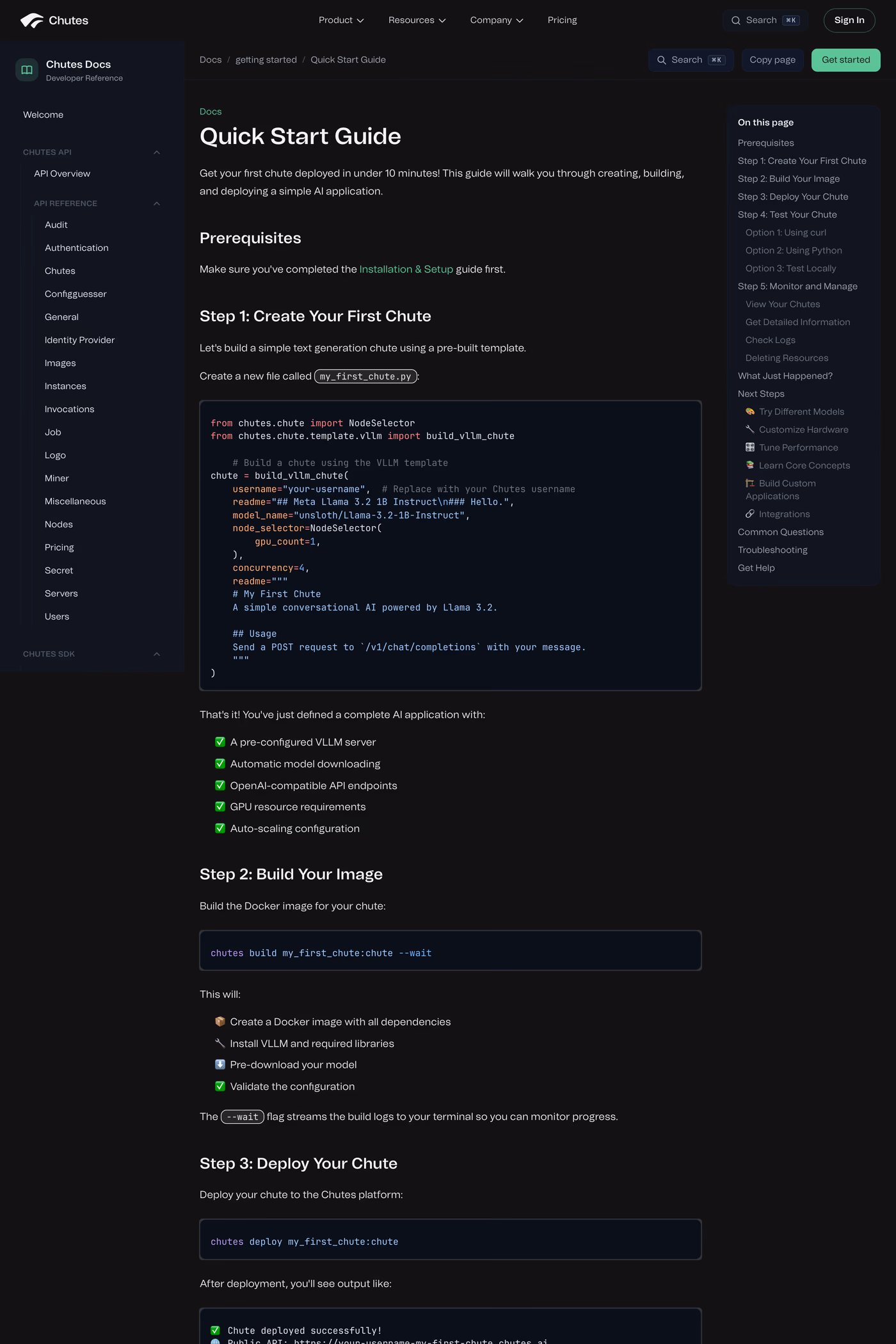 Chutes docs page