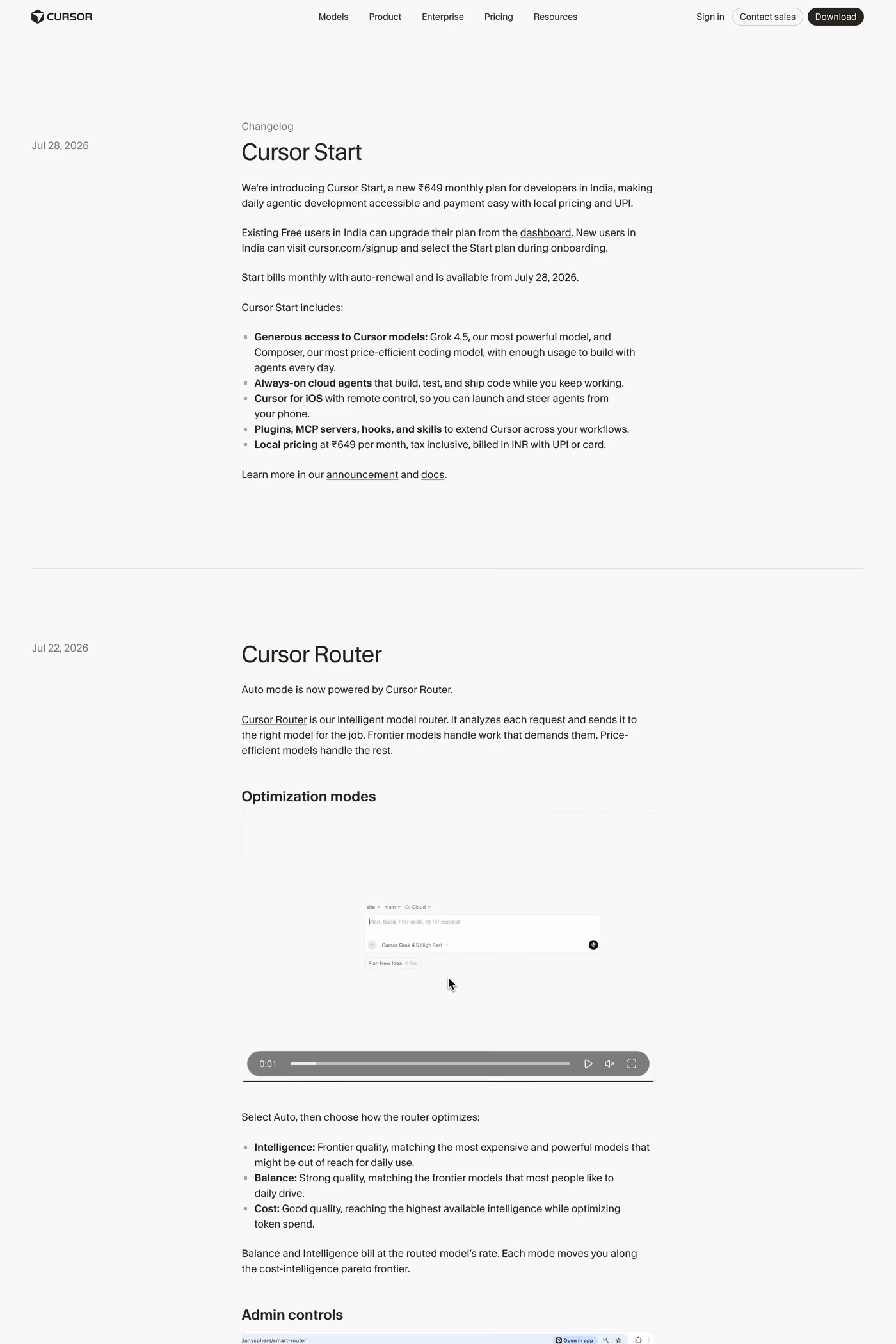 Cursor changelog page