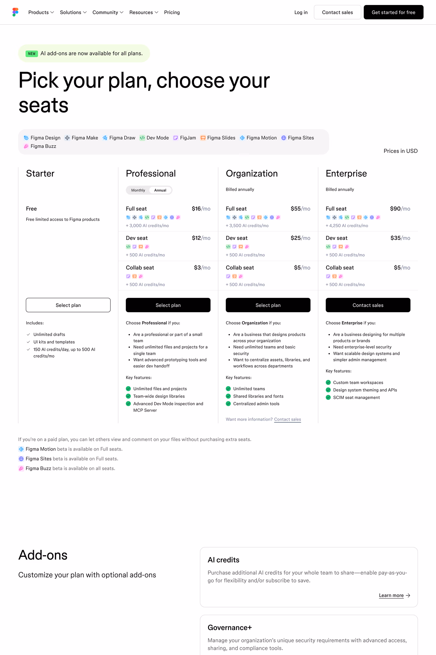 Figma pricing page