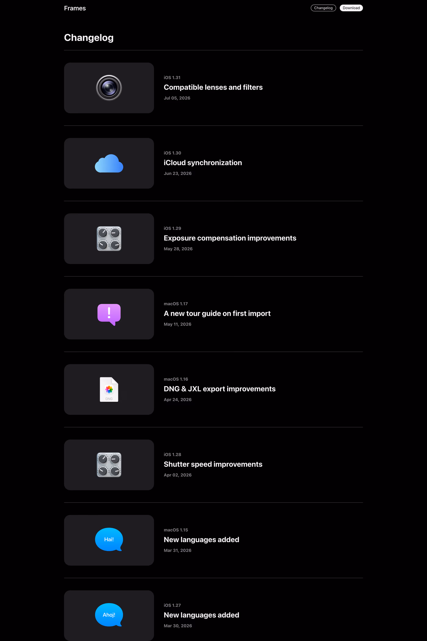 Frames changelog page