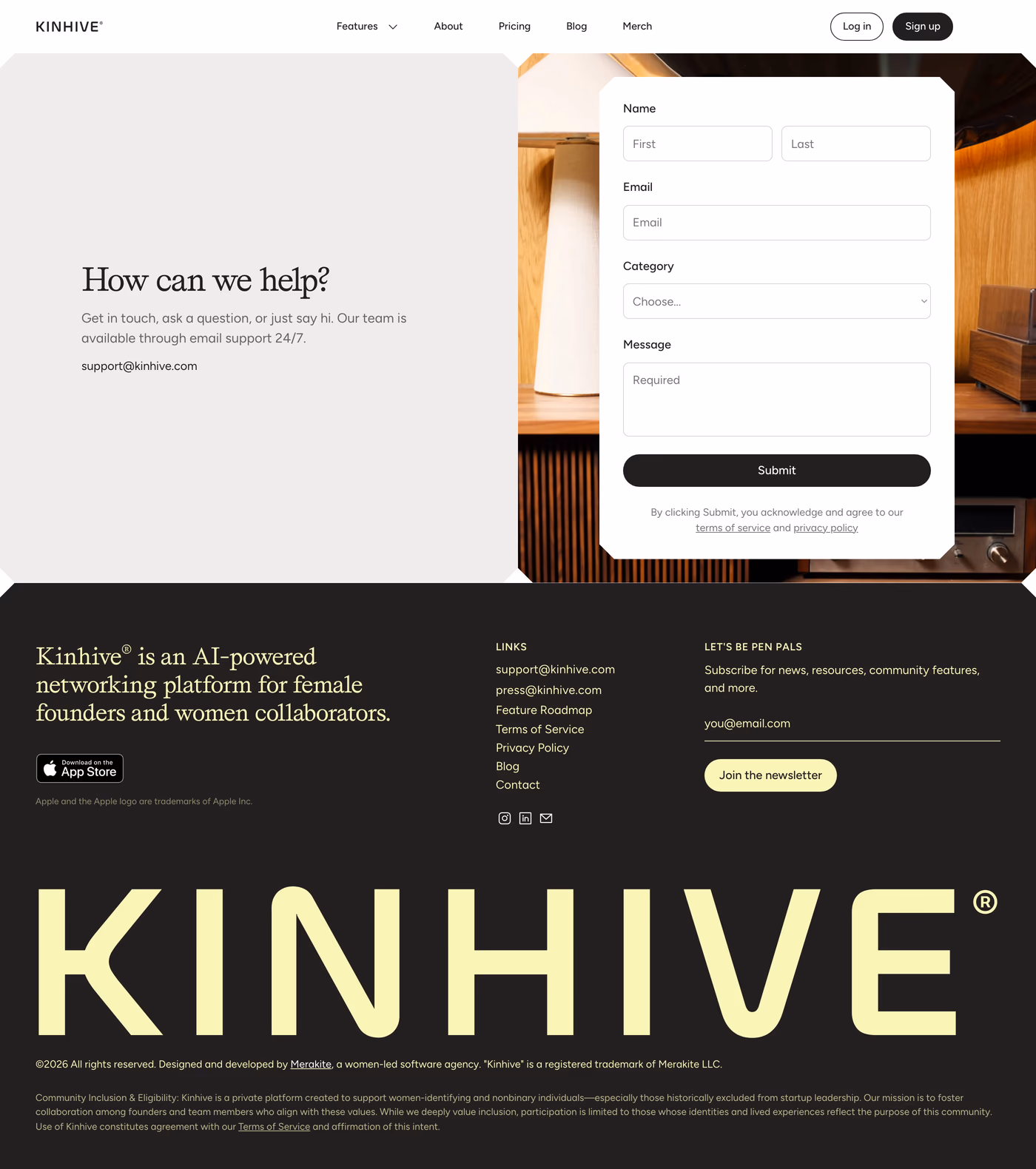 Kinhive contact page