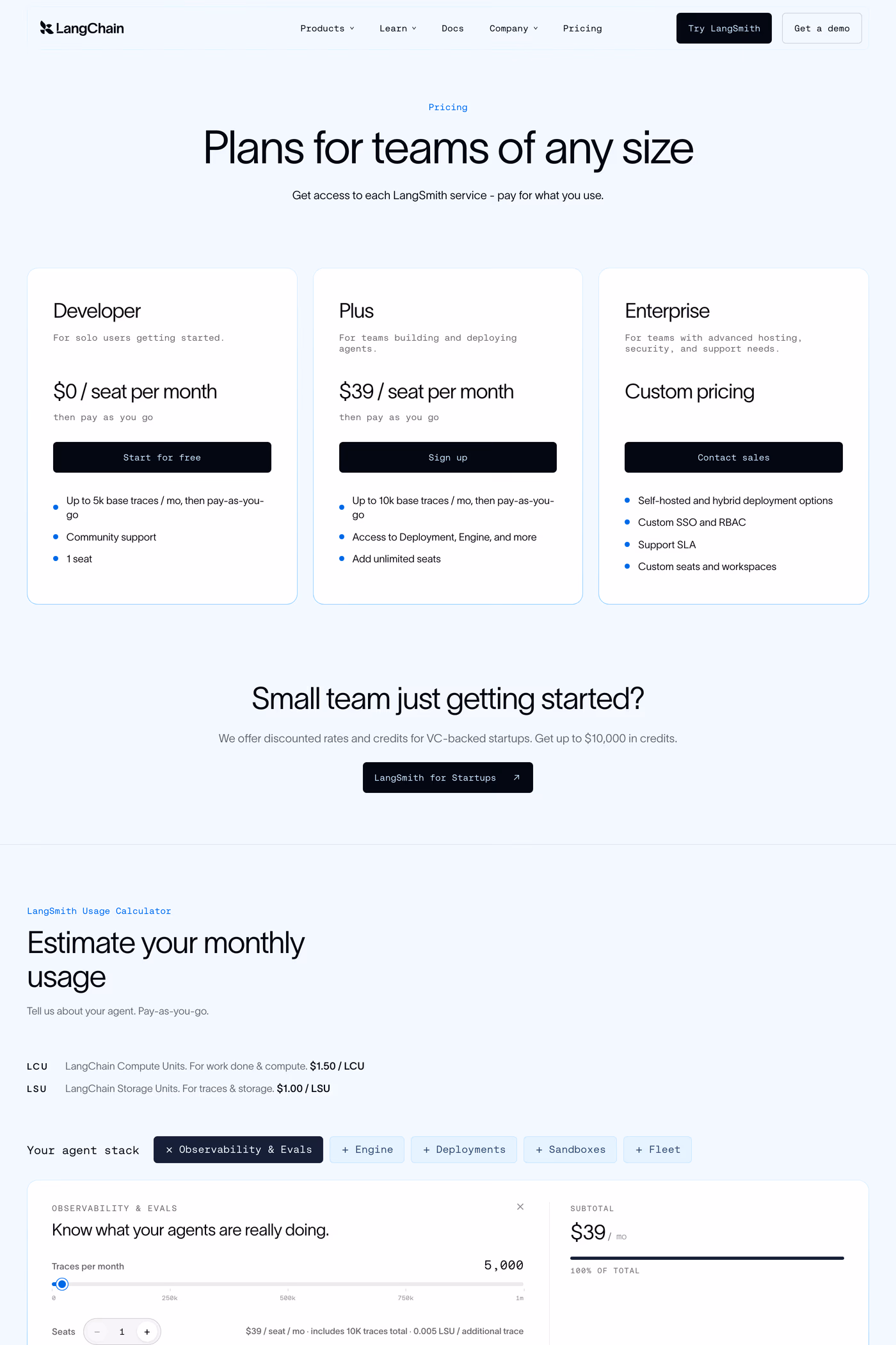 LangChain pricing page