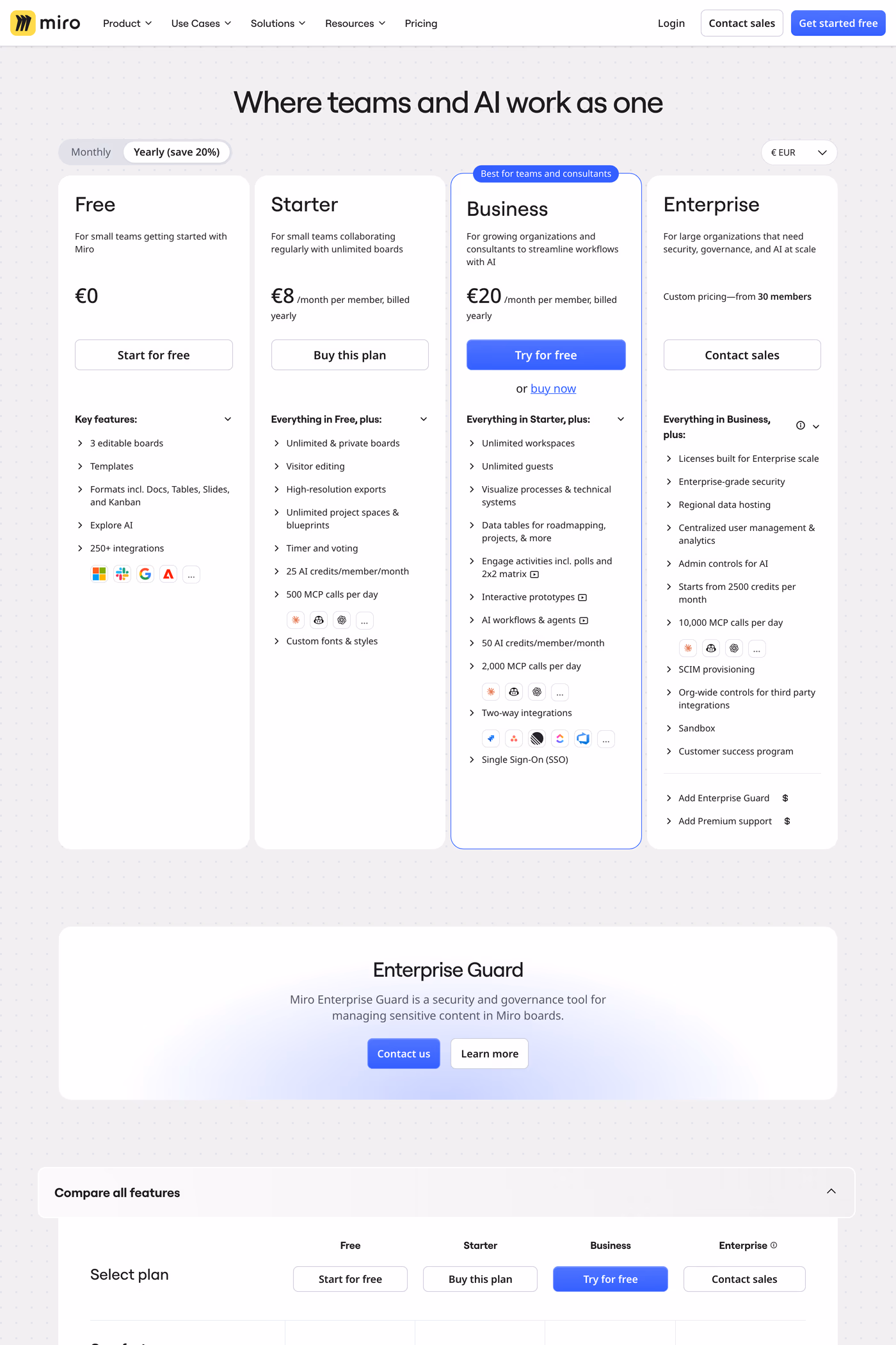 Miro Intelligent Canvas pricing page