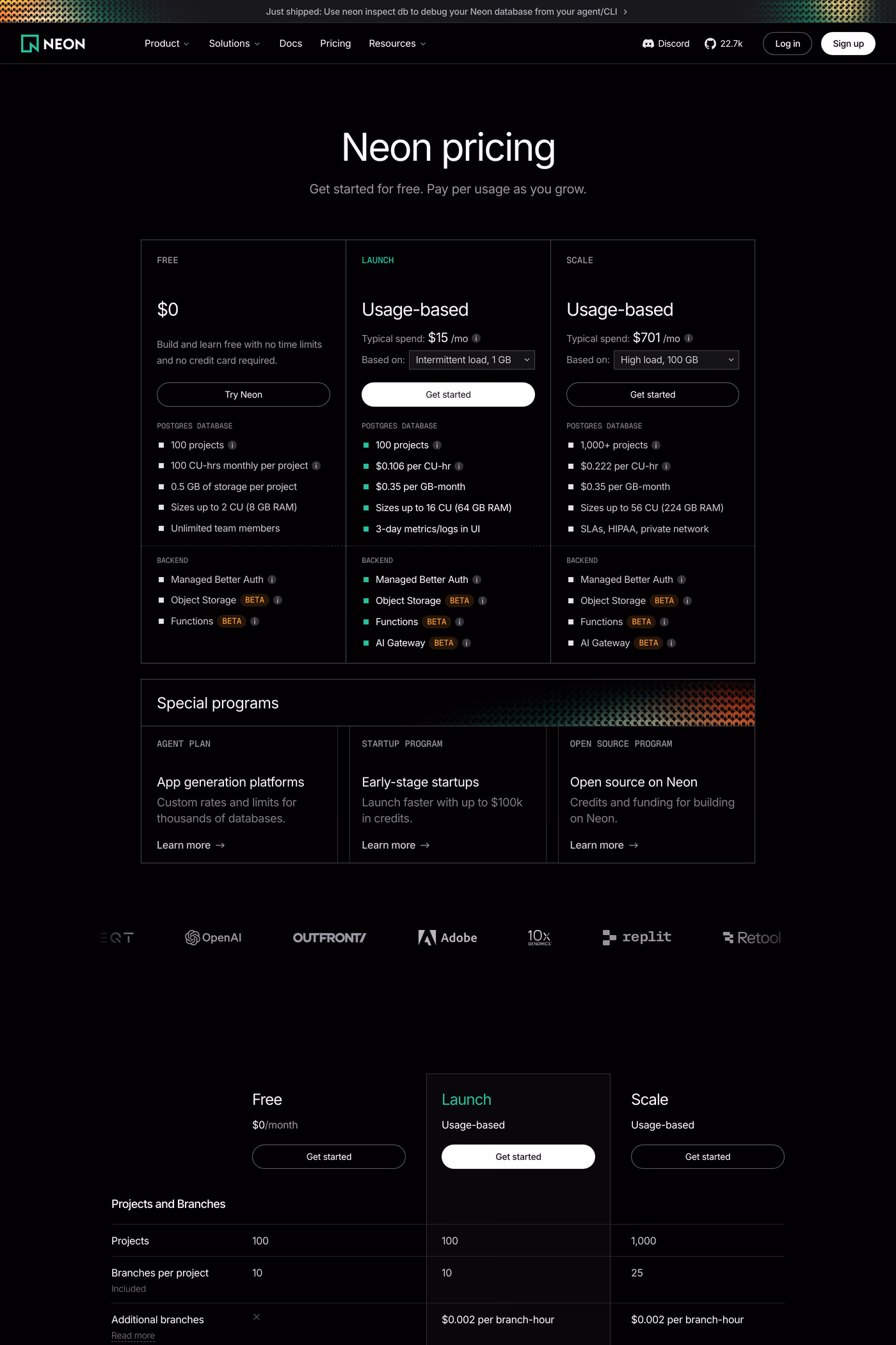 Neon pricing page