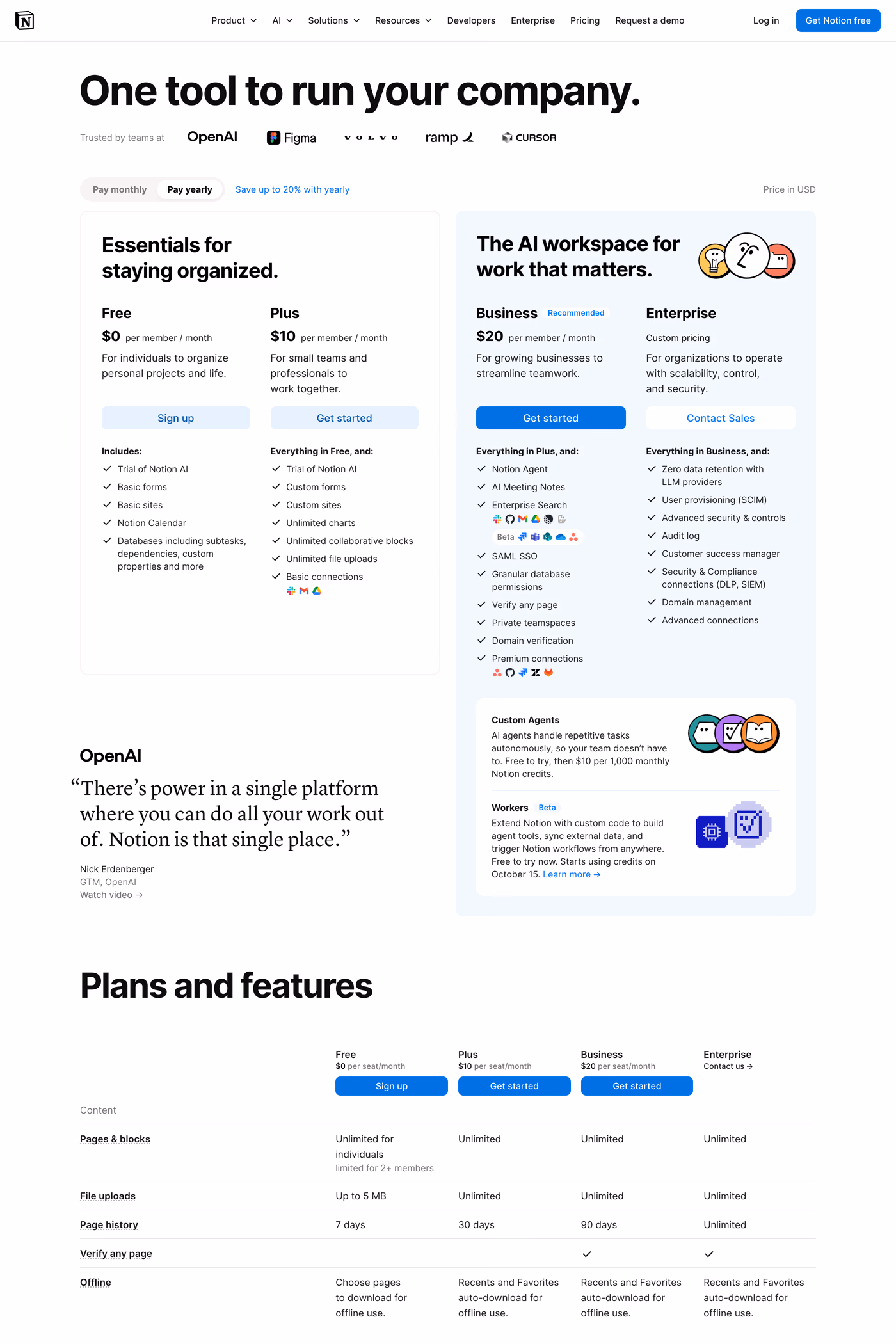 Notion pricing page