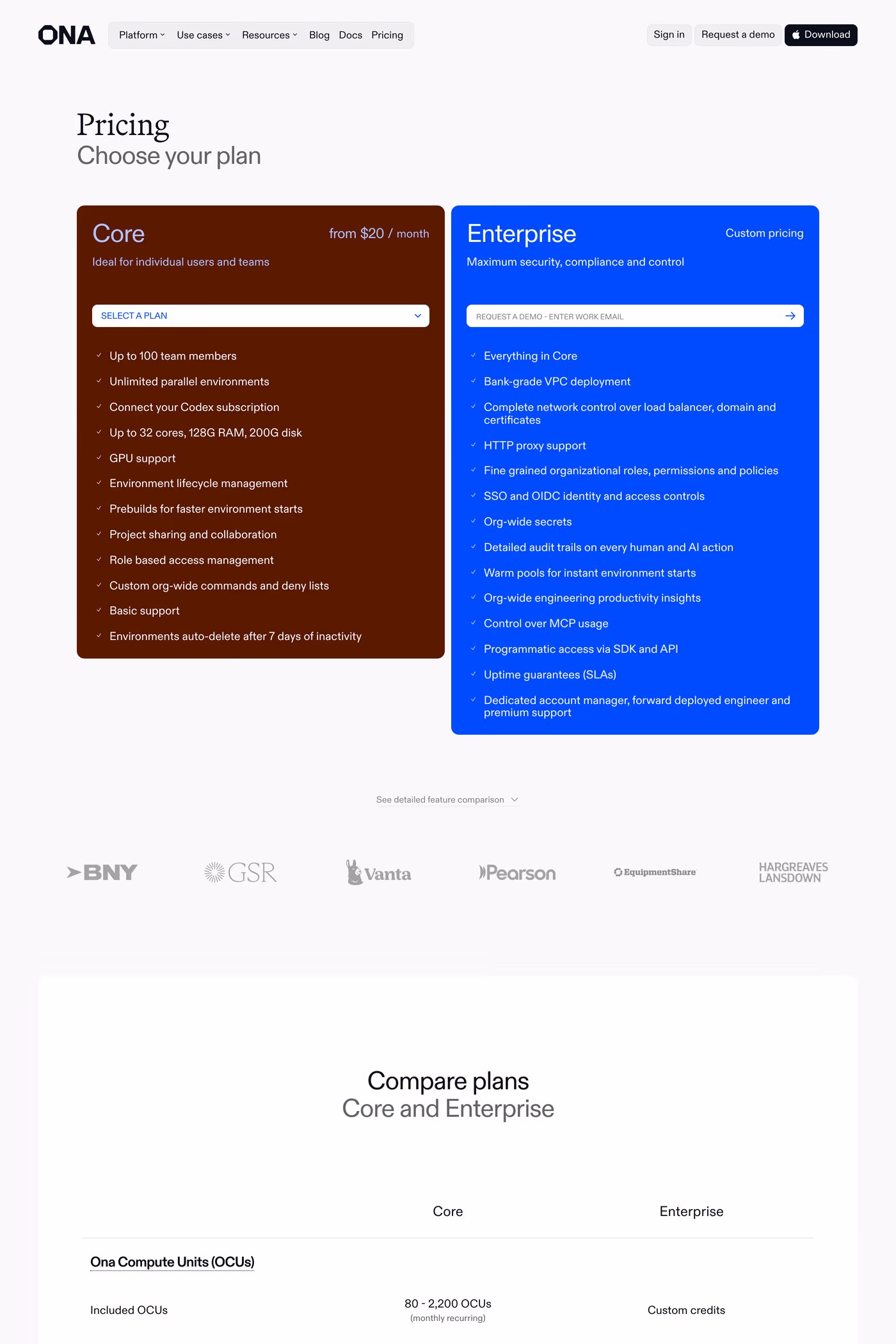 Ona pricing page