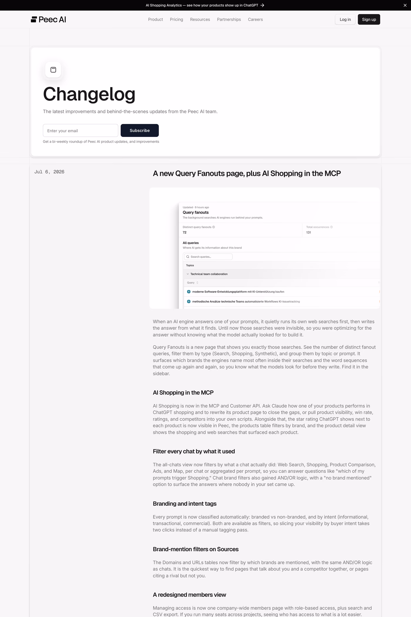 Peec AI changelog page