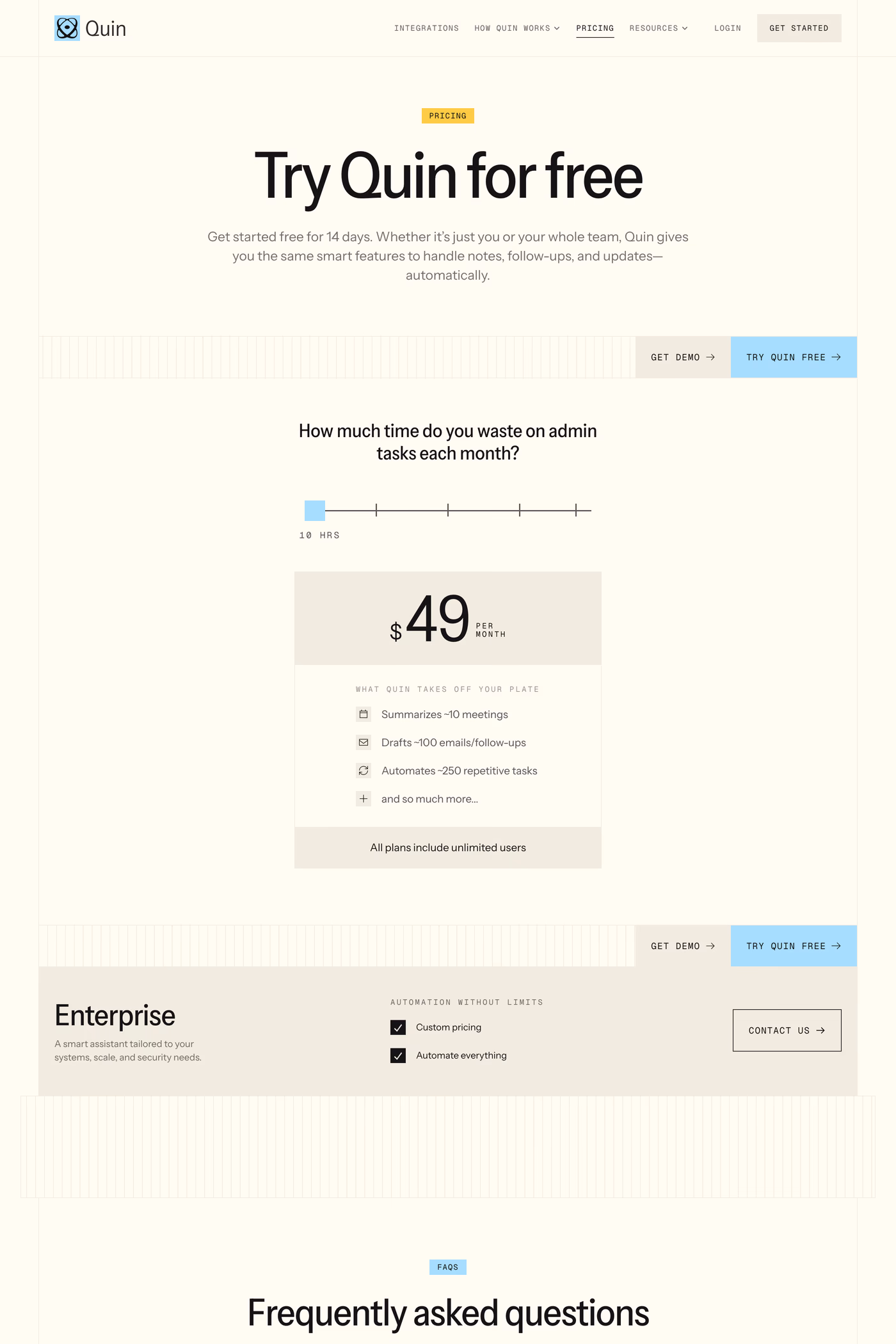 Quin pricing page