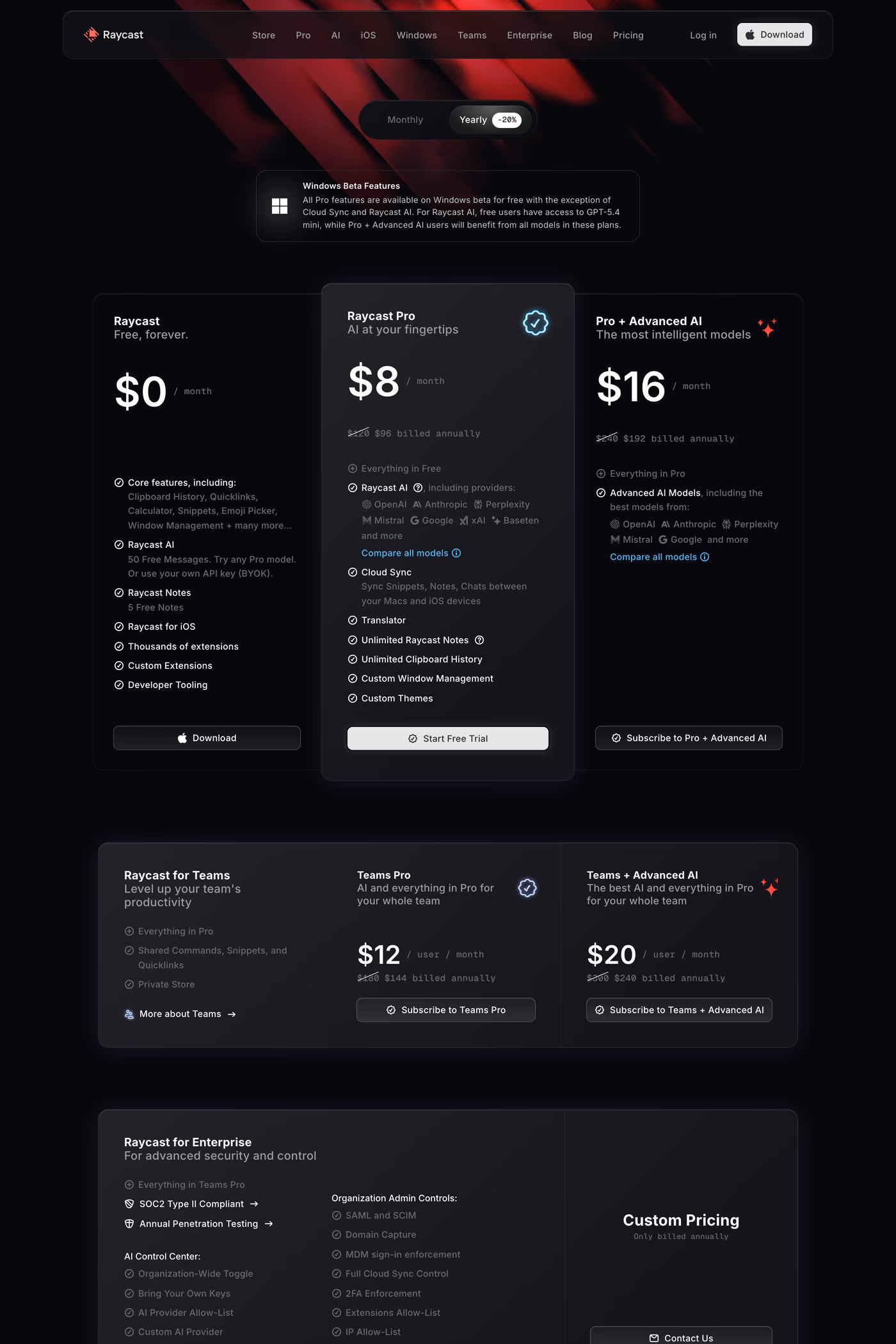 Raycast pricing page