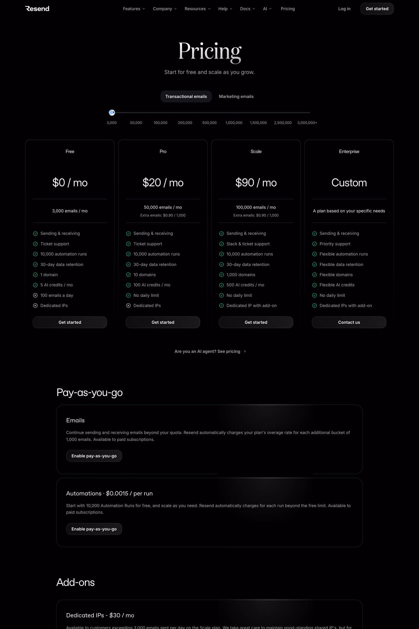 Resend pricing page