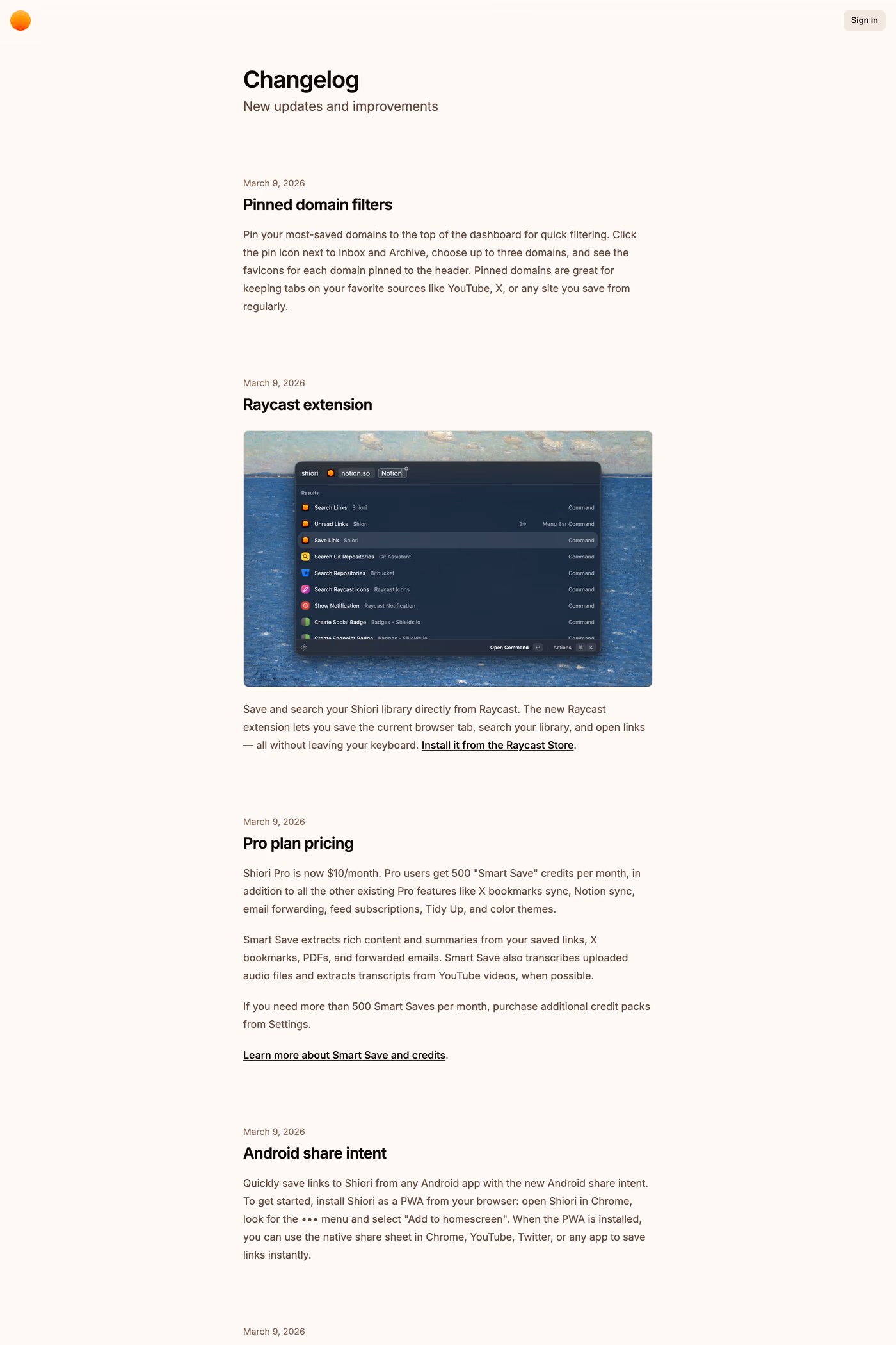 Shiori changelog page