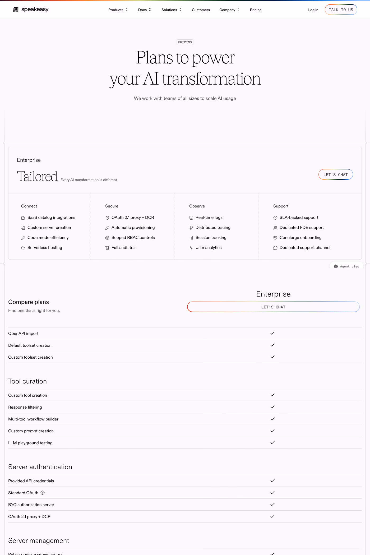 Speakeasy pricing page