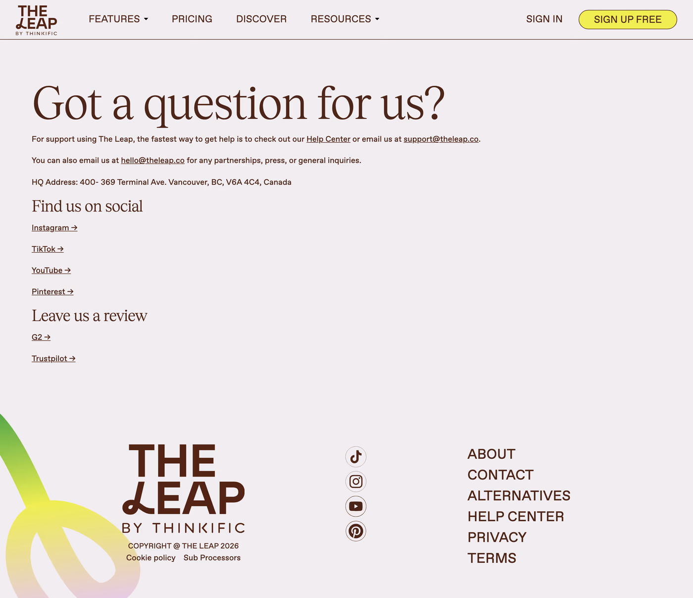 The Leap contact page
