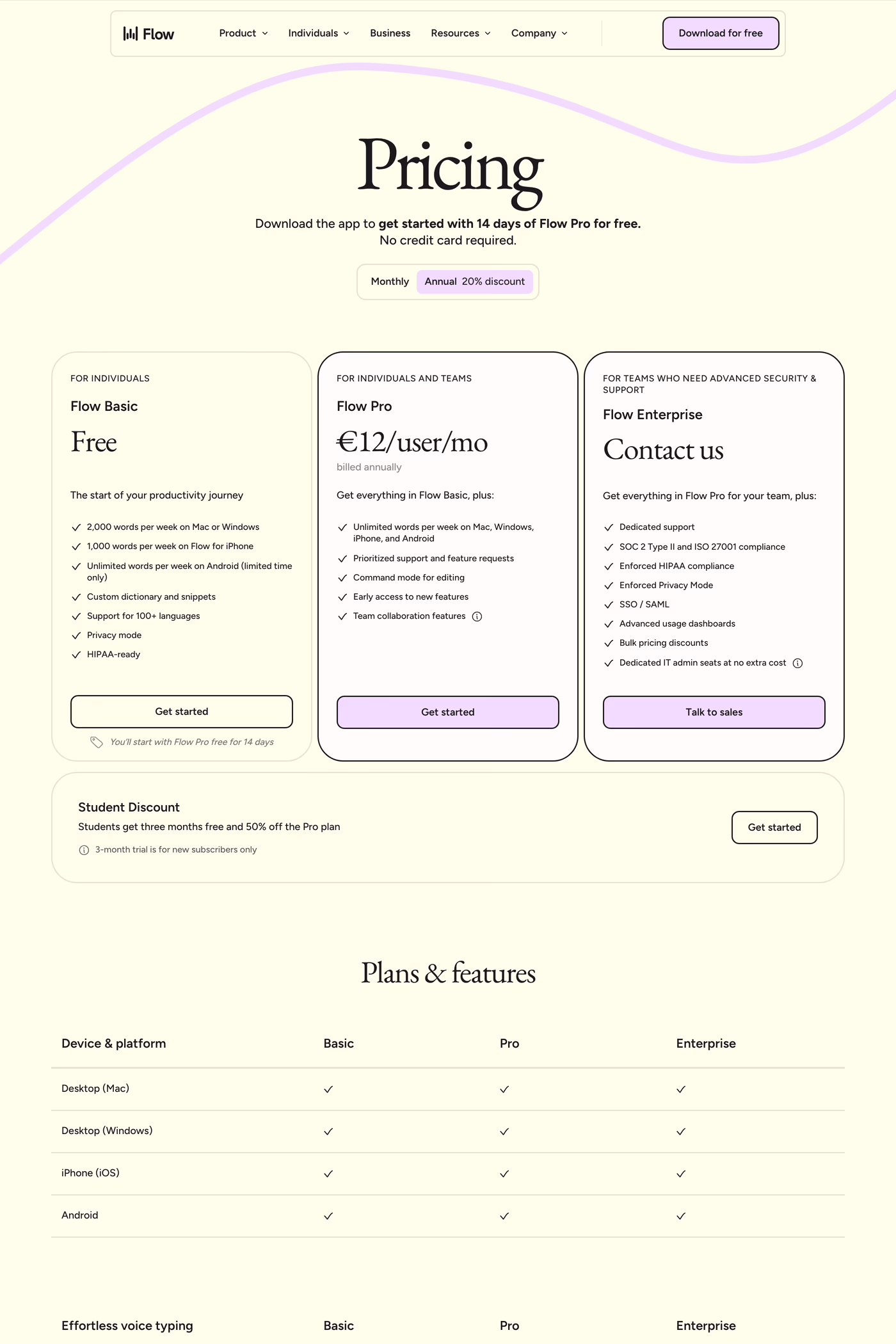 Wispr Flow pricing page