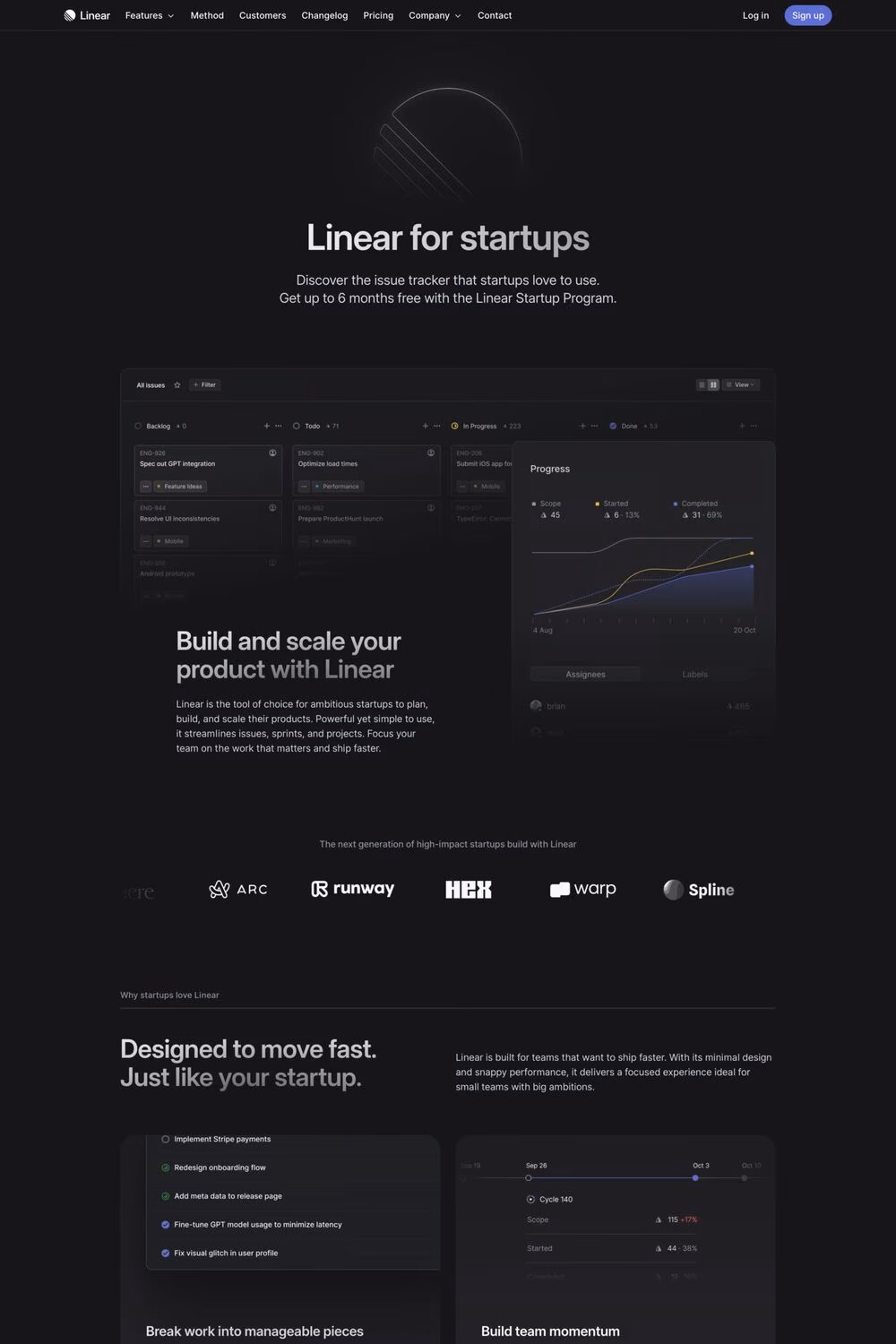 Linear for Startups website screenshot