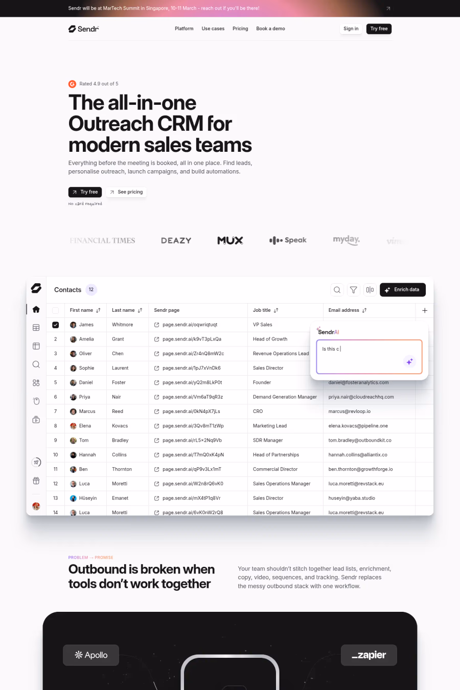 Sendr website screenshot