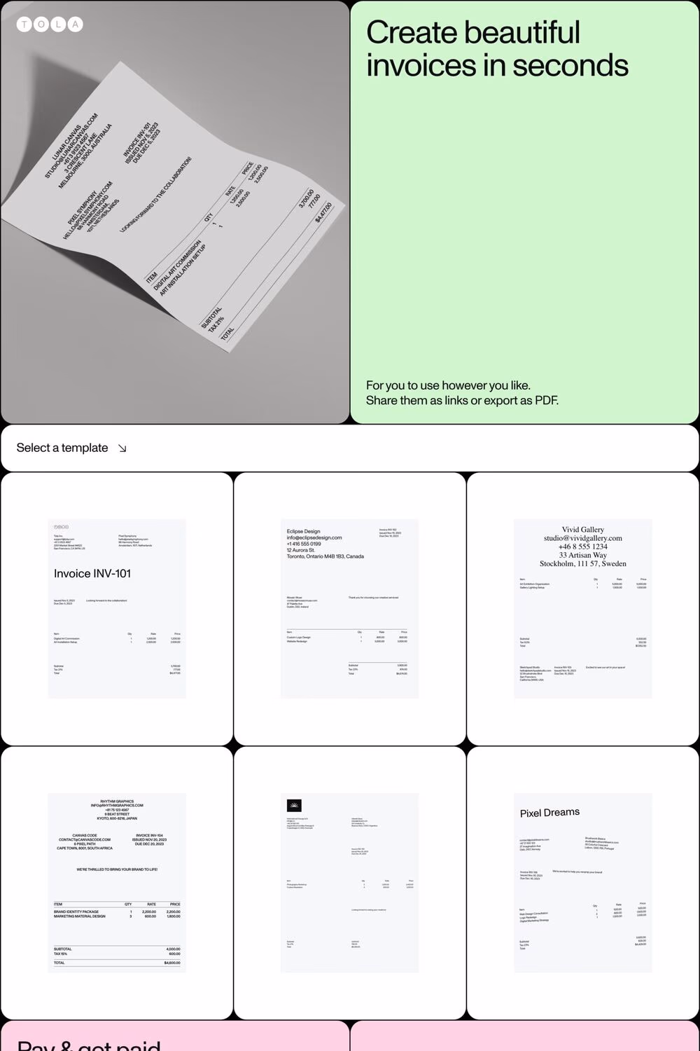 Tola Invoice website screenshot